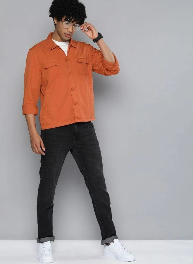 شركة المرآب الهندية Men Slim Fit Solid Full Sleeves Cutaway Collar Casual Over Shirt
