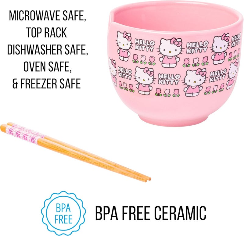 Silver Buffalo Sanrio Hello Kitty Flowers Pattern Ceramic Ramen Noodle Rice Bowl with Chopsticks Microwave Safe 20 Ounces - Image 3