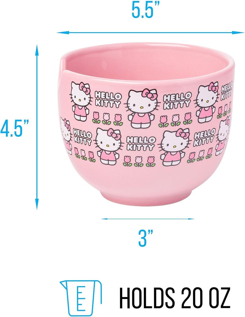 Silver Buffalo Sanrio Hello Kitty Flowers Pattern Ceramic Ramen Noodle Rice Bowl with Chopsticks Microwave Safe 20 Ounces - Image 2