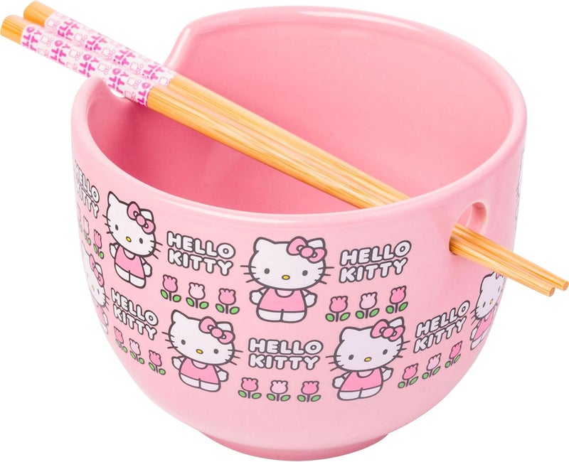Silver Buffalo Sanrio Hello Kitty Flowers Pattern Ceramic Ramen Noodle Rice Bowl with Chopsticks Microwave Safe 20 Ounces - Image 1