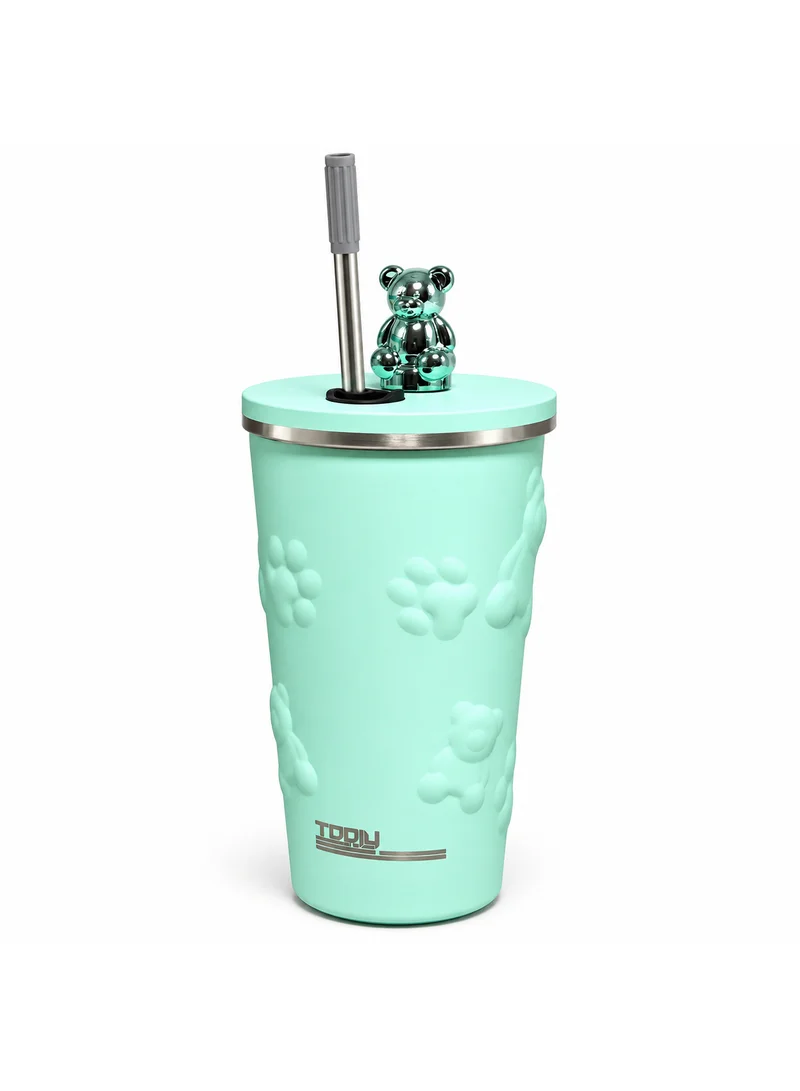 Tooly Stainless Steel Vacuum Insulated Tumbler Mug (600ml) with 3D Metallic Bear Lid Topper & Stainless Steel Straw – 12h Hot / 24h Cold / 48h Iced, Leak-Proof, Anti-Slip Base (Mint Green / Light Cyan)