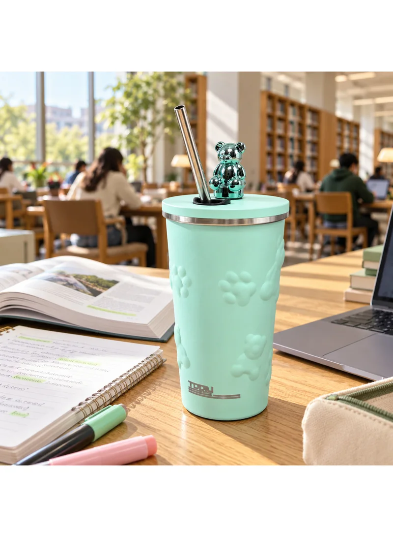 Tooly Stainless Steel Vacuum Insulated Tumbler Mug (600ml) with 3D Metallic Bear Lid Topper & Stainless Steel Straw – 12h Hot / 24h Cold / 48h Iced, Leak-Proof, Anti-Slip Base (Mint Green / Light Cyan)