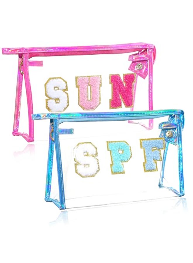 Jeffan 2PCS SUN Bag Chenille Letter SPF Makeup Bag for Beach Clear Pouch with Zipper Preppy Travel Bags Clear Cosmetic Toiletry Bag for Women Girls Teens - Image 1