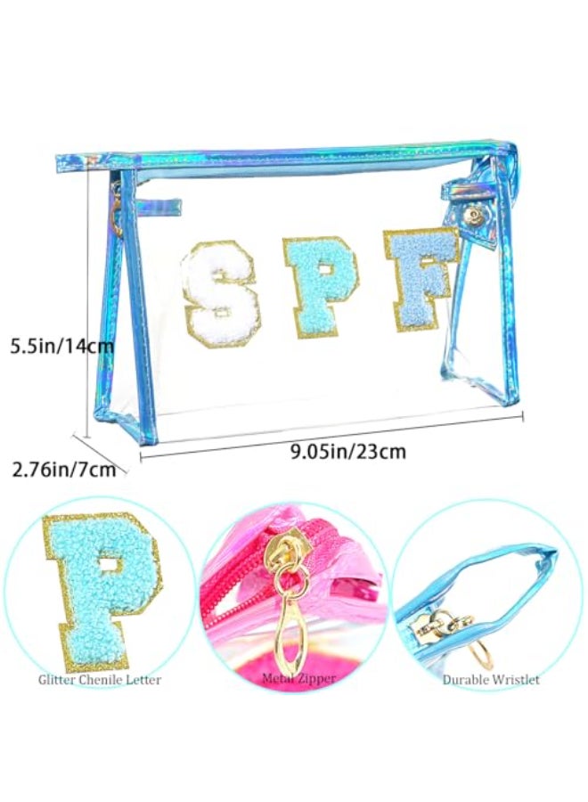 Jeffan 2PCS SUN Bag Chenille Letter SPF Makeup Bag for Beach Clear Pouch with Zipper Preppy Travel Bags Clear Cosmetic Toiletry Bag for Women Girls Teens - Image 3