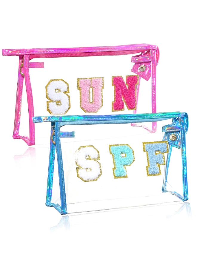 Jeffan 2PCS SUN Bag Chenille Letter SPF Makeup Bag for Beach Clear Pouch with Zipper Preppy Travel Bags Clear Cosmetic Toiletry Bag for Women Girls Teens - Image 2