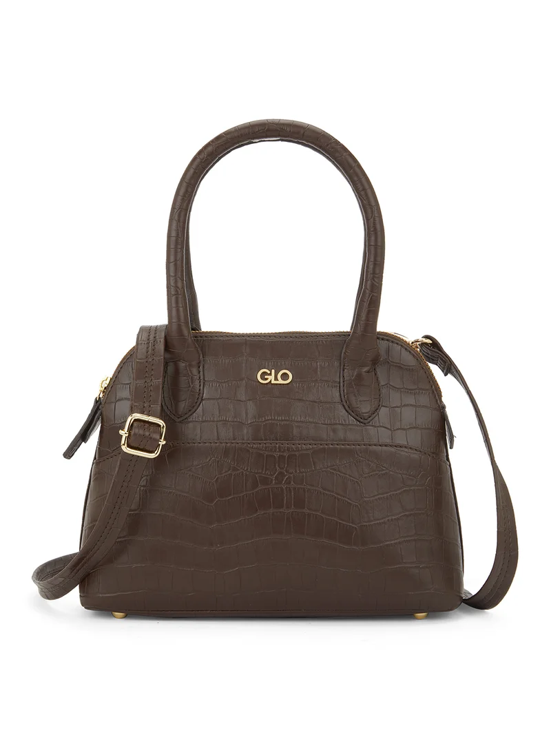 جلو باص حقيبة يد نسائية جلد نباتي بنقشة جلد التمساح بني مع حزام قابل للفصل