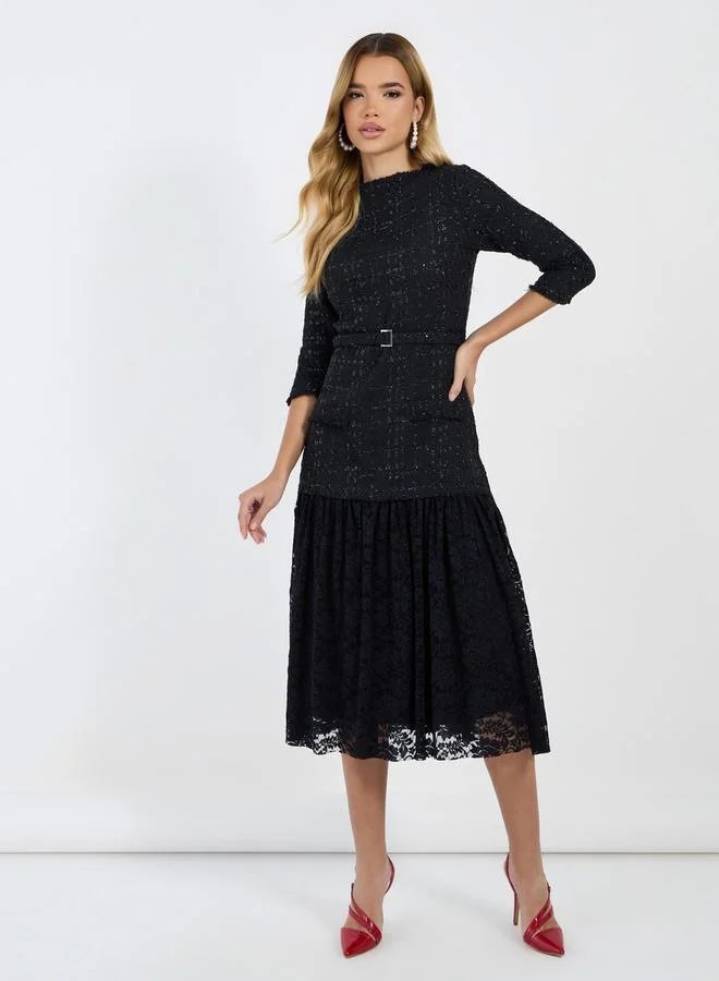 Styli Belted Tweed Lace Dress