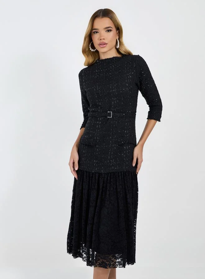 Styli Belted Tweed Lace Dress