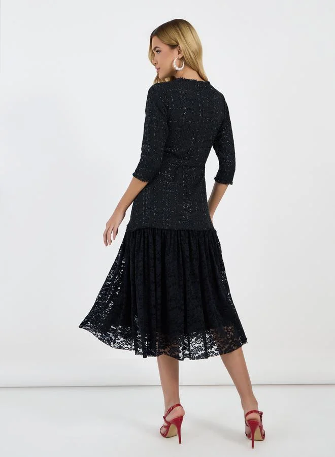 Styli Belted Tweed Lace Dress