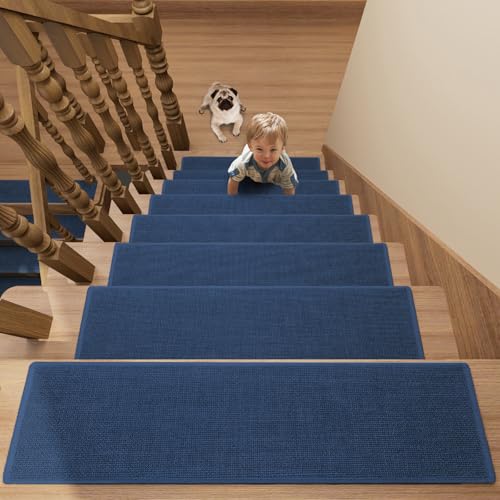 SUMLANS Stair Treads Carpet for Wooden Steps with Non Slip Rubber Backing, 100% Polyester Soft Stairs Resistant Indoor Skid Runner Safety Rugs for Kids Elders and Pets (4, Dark Blue, 30" * 8") - Image 1
