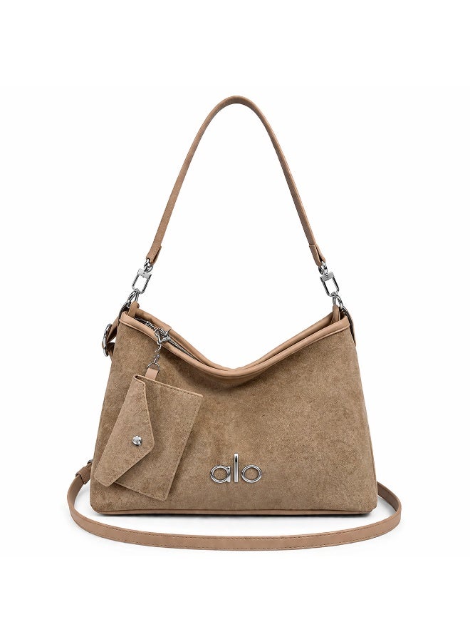 Alo Yoga Women’s Suede Shoulder Bag with Adjustable Strap and Mini Pouch – Casual Hobo Handbag for Daily Use - Image 1