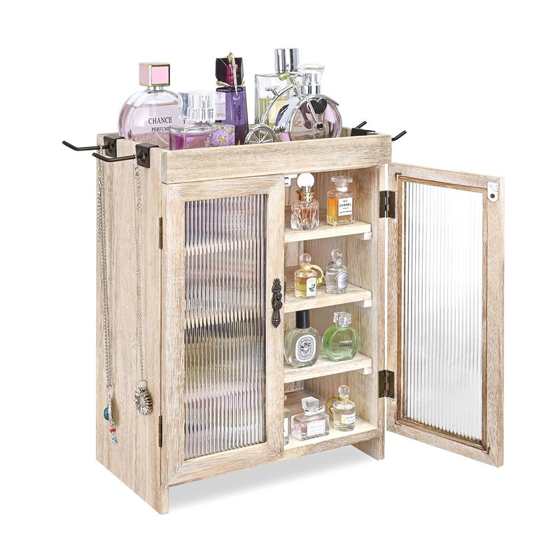 Ikee Design Wooden Countertop Storage Cabinet with Wavy Magnetic Door, Adjustable Shelves, Removable Hooks. Perfect for Perfume, Figurines, and Coffee Cups, Vintage White, 10.4 W x 6.1 D x 14.4 H in - Image 1