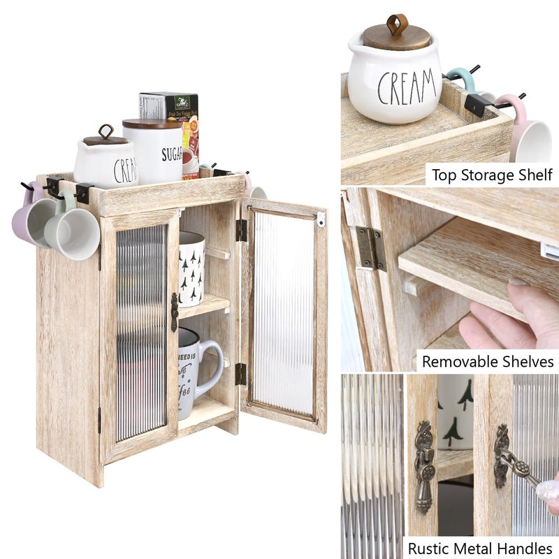 Ikee Design Wooden Countertop Storage Cabinet with Wavy Magnetic Door, Adjustable Shelves, Removable Hooks. Perfect for Perfume, Figurines, and Coffee Cups, Vintage White, 10.4 W x 6.1 D x 14.4 H in - Image 5