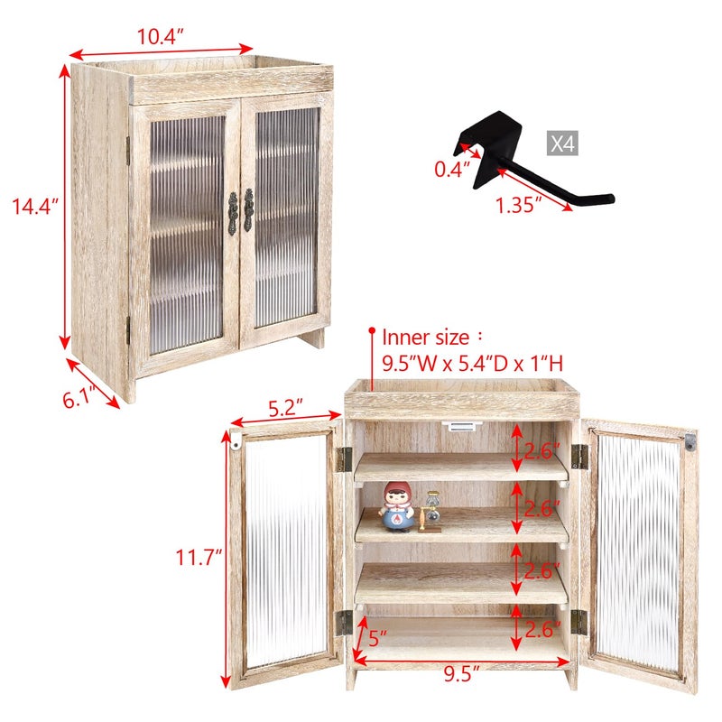 Ikee Design Wooden Countertop Storage Cabinet with Wavy Magnetic Door, Adjustable Shelves, Removable Hooks. Perfect for Perfume, Figurines, and Coffee Cups, Vintage White, 10.4 W x 6.1 D x 14.4 H in - Image 2