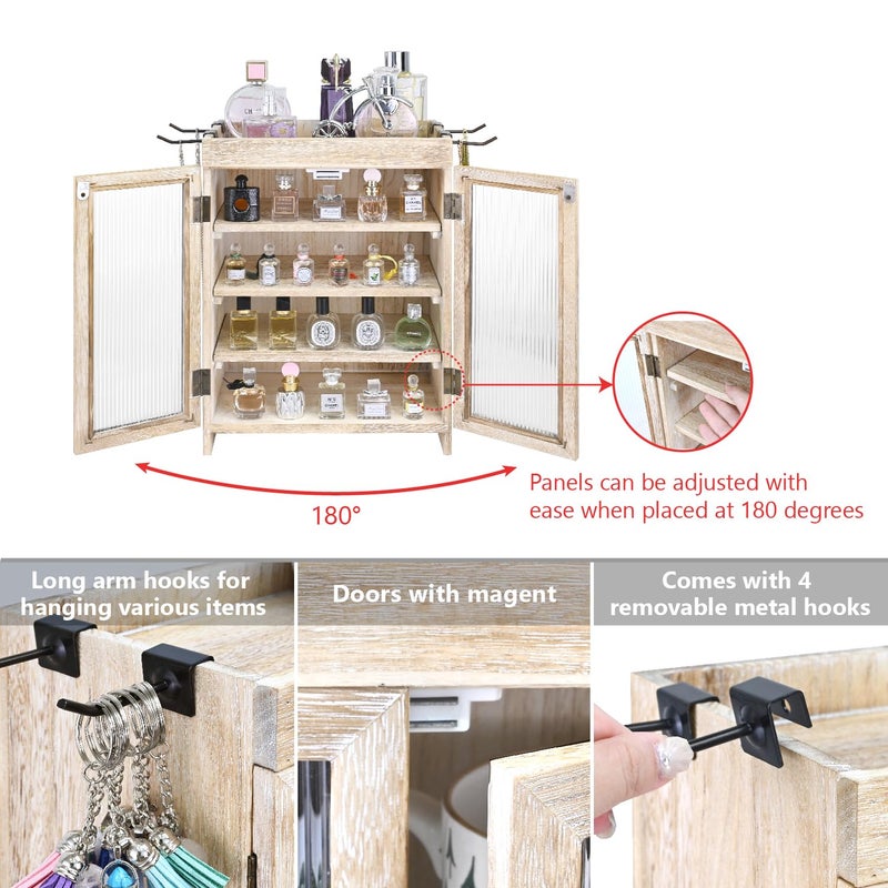 Ikee Design Wooden Countertop Storage Cabinet with Wavy Magnetic Door, Adjustable Shelves, Removable Hooks. Perfect for Perfume, Figurines, and Coffee Cups, Vintage White, 10.4 W x 6.1 D x 14.4 H in - Image 4