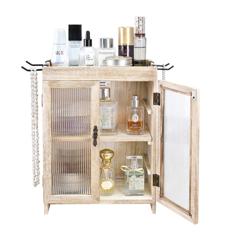 Ikee Design Wooden Countertop Storage Cabinet with Wavy Magnetic Door, Adjustable Shelves, Removable Hooks. Perfect for Perfume, Figurines, and Coffee Cups, Vintage White, 10.4 W x 6.1 D x 14.4 H in - Image 3