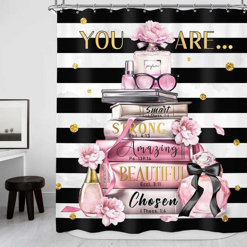 Riyidecor Pink Shower Curtainï¼ŒFashion Cute Curtains for Womenï¼ŒInspirational You are Black White Stripeï¼ŒModern Books Girls Flower Bathroom Decor Fabric Polyester Waterproof 12 Pack Hooks 60Wx72H Inch - Image 1