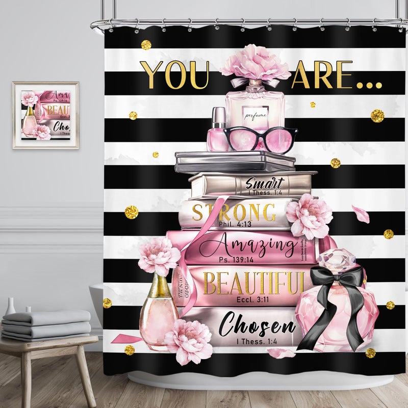 Riyidecor Pink Shower Curtainï¼ŒFashion Cute Curtains for Womenï¼ŒInspirational You are Black White Stripeï¼ŒModern Books Girls Flower Bathroom Decor Fabric Polyester Waterproof 12 Pack Hooks 60Wx72H Inch - Image 2