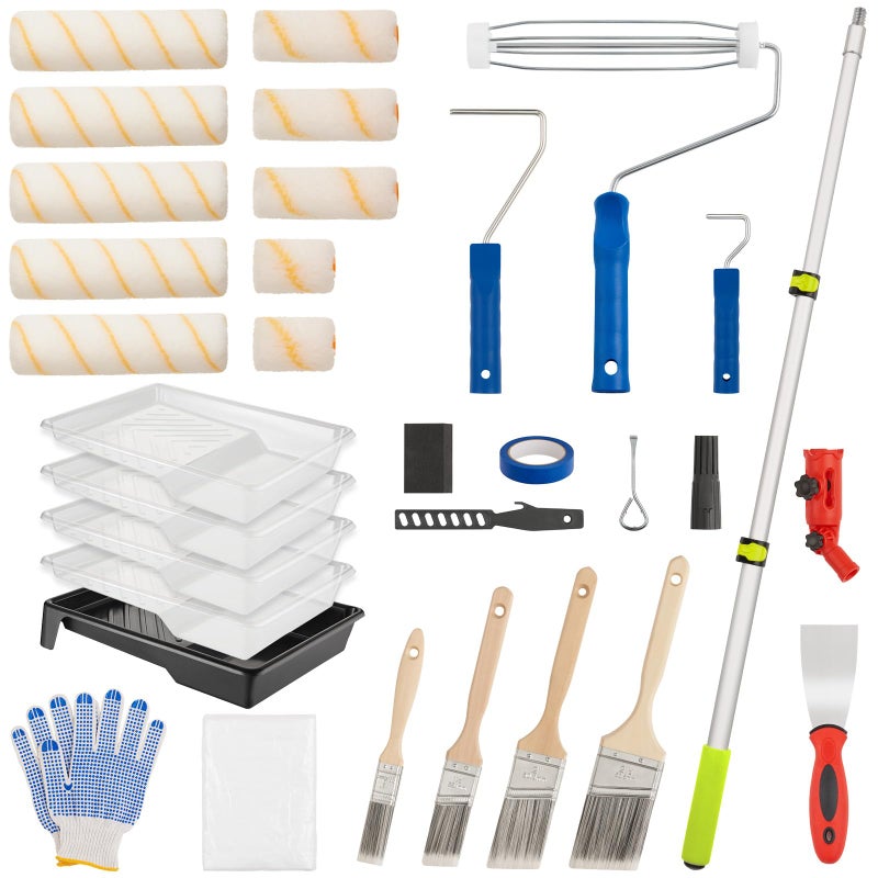 HOUIT House Paint Roller Kit with Extension Pole, Home Wall Painting Supplies Set, with Paint Brush, Paint Tray, Multi-Angle Paint Brush Extender - Image 1