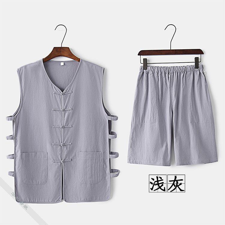 Summer Tang suit mens thin vest mandarin jacket buckle vest shorts suit linen Chinese style old head shirt waistcoat vintage Light gray - Image 1