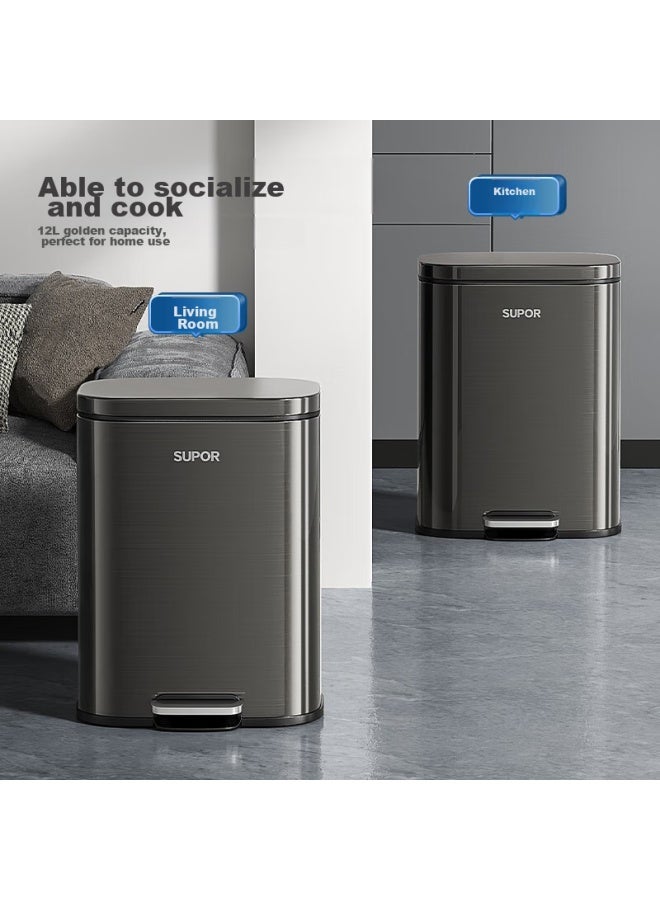 Supor Pedal Stainless Steel Trash Can, 12l Titanium Gray, Stylish Luxury Design, Suitable For Bedroom, Living Room, And Kitchen - Image 1