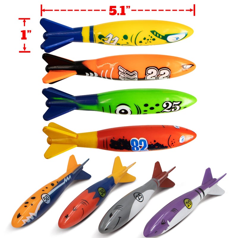 Novelty Place 8 Pack Torpedo Bandits Diving Toy Rockets - Swimming Pool Toy Shark Underwater Sinking Throwing Game for Kids and Adults - Image 2
