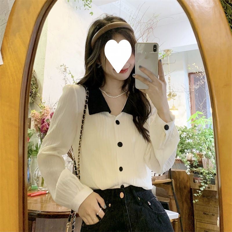 French style wooden ear bow chiffon shirt for women 2023 spring new design sense niche gentle style autumn shirt Black collar