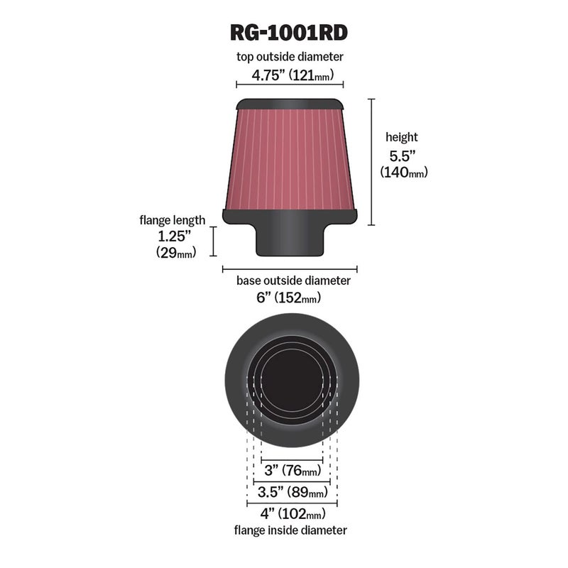 K+N K&N Universal Clamp-On Air Intake Filter: High Performance Premium, Washable, Replacement Filter: Flange Diameter: 4 In, Filter Height: 5.5 In, Flange Length: 1.125 In, Shape: Round Tapered, Rg-1001Rd  - Image 2