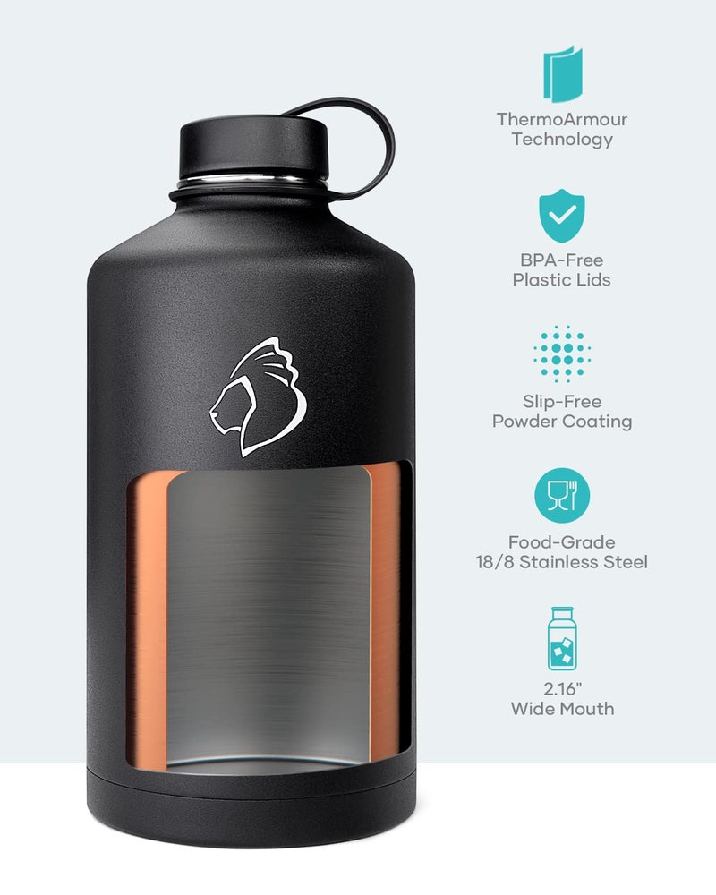 BUZIO 1 Gallon Water Jug with Straw Handle Lid, 128oz Water Bottle Stainless Steel Double Wall Hydro Jug 18/8 Food Grade Thermo Mug Keep Cold 48H & Hot 24H, Black - Image 4