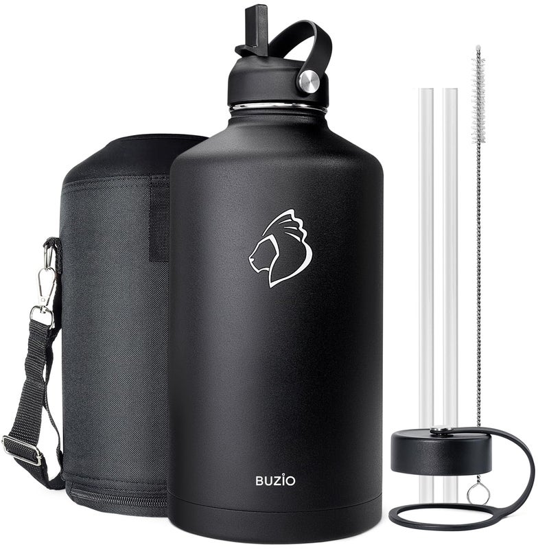 BUZIO 1 Gallon Water Jug with Straw Handle Lid, 128oz Water Bottle Stainless Steel Double Wall Hydro Jug 18/8 Food Grade Thermo Mug Keep Cold 48H & Hot 24H, Black - Image 1