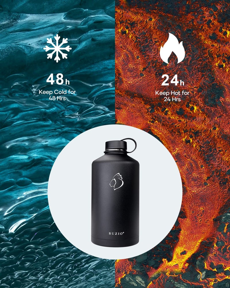 BUZIO 1 Gallon Water Jug with Straw Handle Lid, 128oz Water Bottle Stainless Steel Double Wall Hydro Jug 18/8 Food Grade Thermo Mug Keep Cold 48H & Hot 24H, Black - Image 2