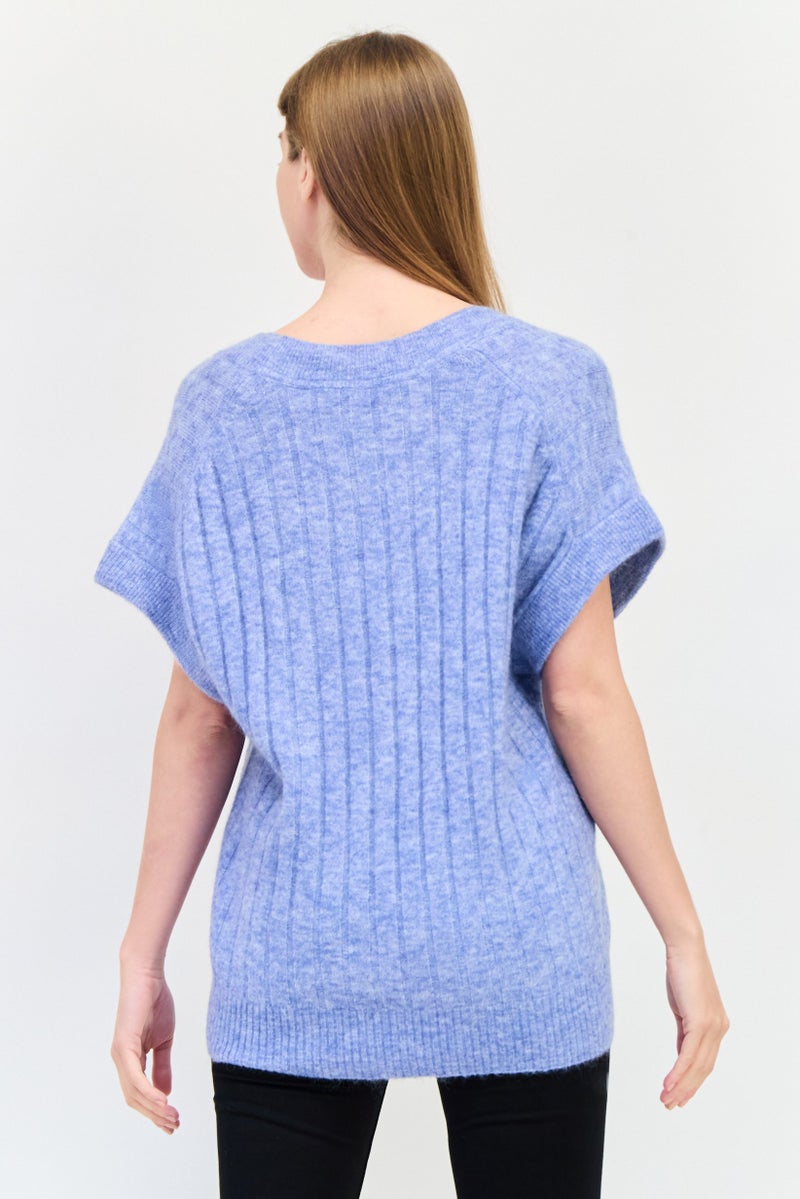 ESPRIT Women Oversized Fit V Neck Knitted Sweater, Slate Blue - Image 3