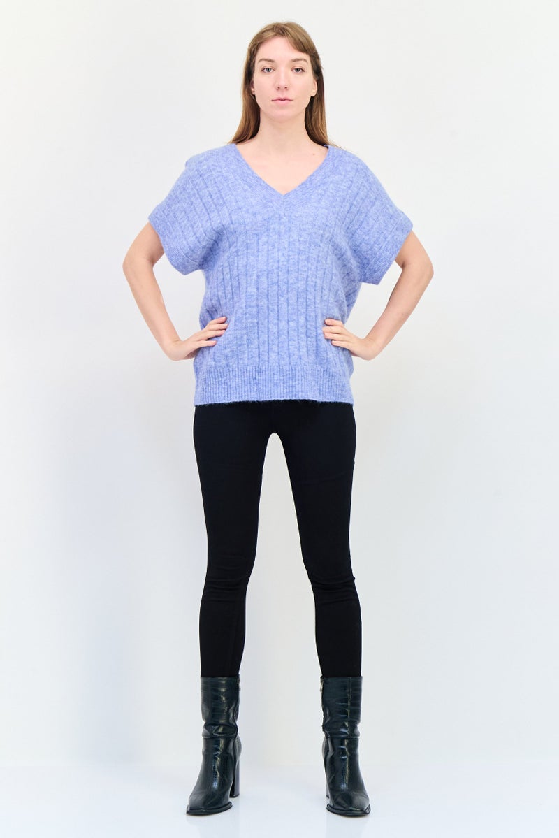 ESPRIT Women Oversized Fit V Neck Knitted Sweater, Slate Blue - Image 4