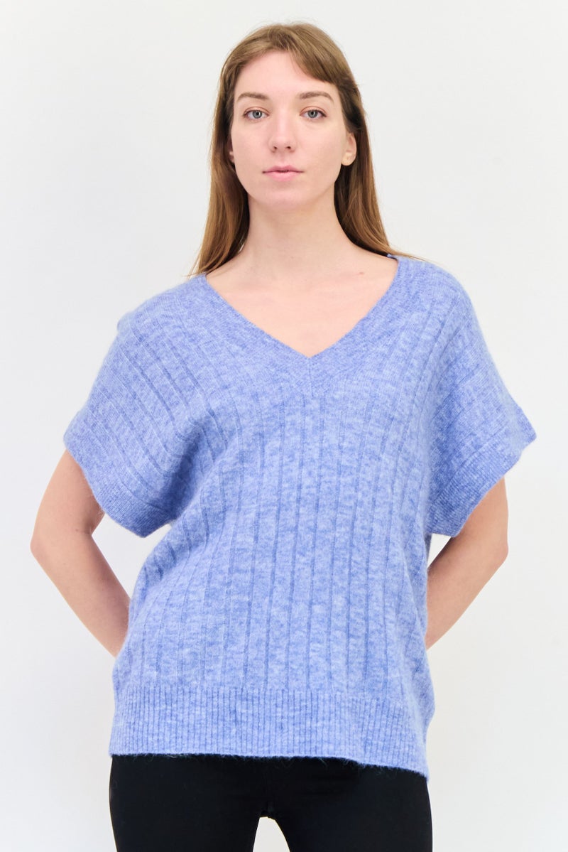 ESPRIT Women Oversized Fit V Neck Knitted Sweater, Slate Blue - Image 1