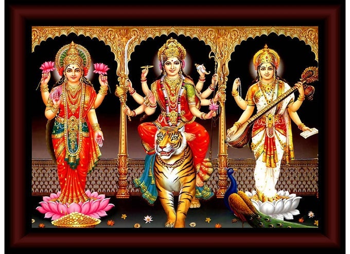 TRIDEVI SHERAWALI MA LAXMI MA SARASWATI UV TEXTURED HOME DECORATIVE GIFT ITEM PAINTING WITH FRAME 10 INCH X 13 INCH SANFK31744