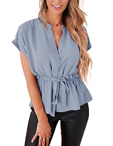 CiCiBird Womens Button Down Blouses Casual Peplum Summer Tops Dressy Chiffon Work Blouse Light Blue - Image 1