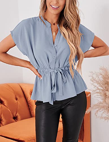 CiCiBird Womens Button Down Blouses Casual Peplum Summer Tops Dressy Chiffon Work Blouse Light Blue - Image 4