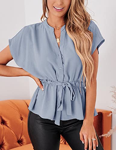 CiCiBird Womens Button Down Blouses Casual Peplum Summer Tops Dressy Chiffon Work Blouse Light Blue - Image 3