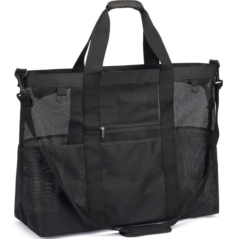 Fammart Mesh Beach Bag with Zipper, Large Beach Tote for Women, Toys Pool Swim Bag Travel Vacation Cruise Essentials, Extra Large, Zipper Closure - Black - Image 1