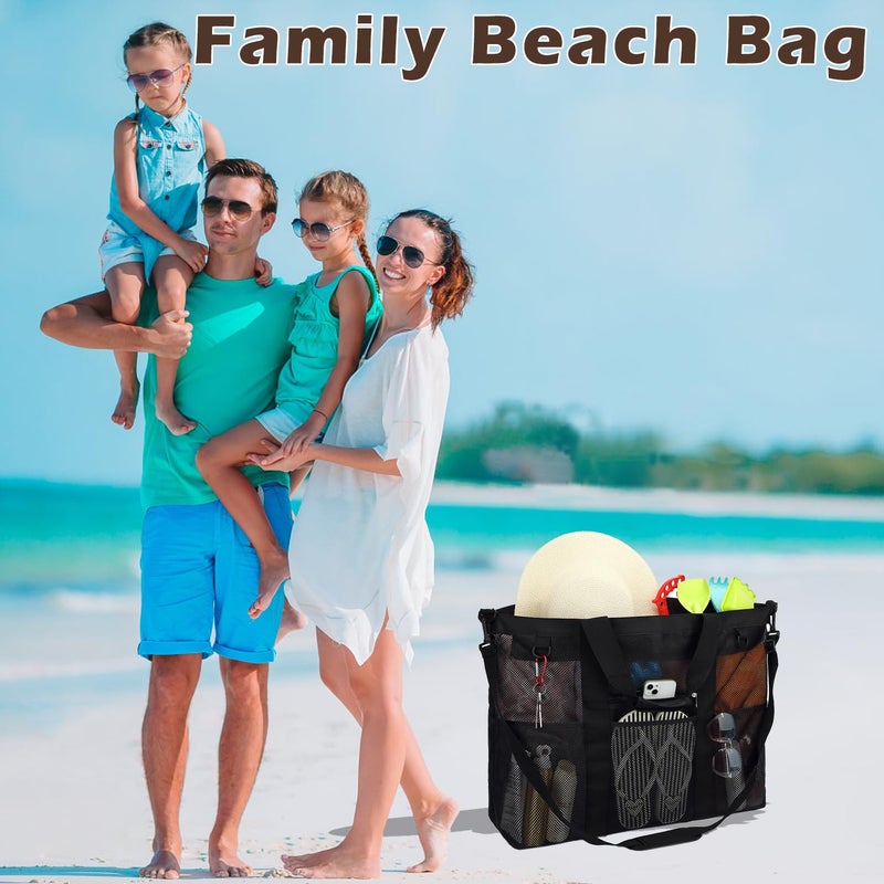 Fammart Mesh Beach Bag with Zipper, Large Beach Tote for Women, Toys Pool Swim Bag Travel Vacation Cruise Essentials, Extra Large, Zipper Closure - Black - Image 2
