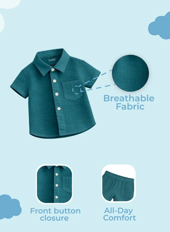Luay Teal Green Luay® Linen Shirt & Short for Kids | Elegant & Comfortable Summer Wear | Stylish Short-Sleeve Shirt & Comfy Shorts for Men | Best Price UAE