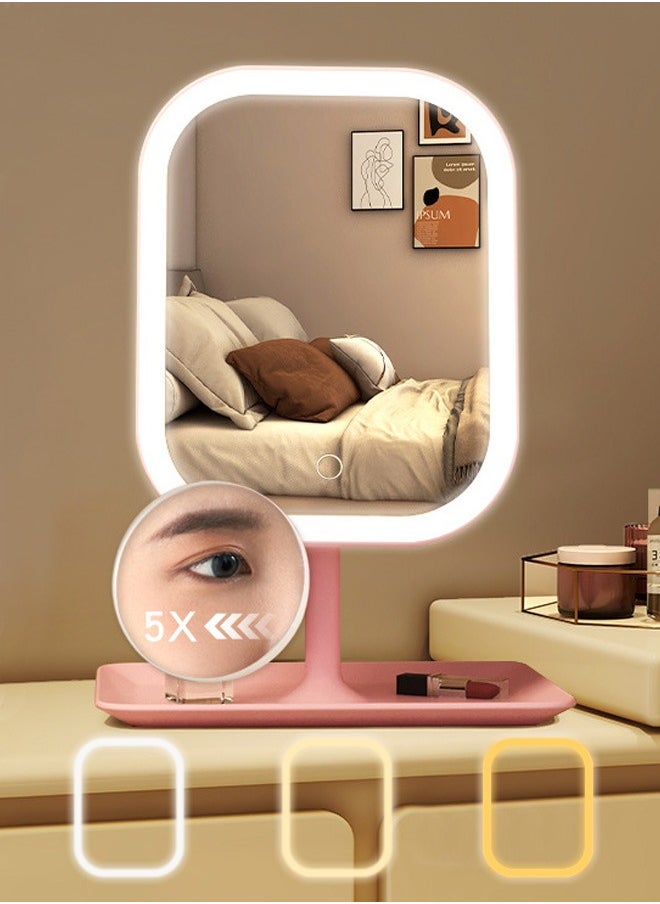 XiuWoo Makeup Vanity Mirror with Lights, LED Makeup Mirror with 3 Color Modes, Tabletop Vanity Lighted Mirror with Smart Touch Control, 5X Magnification, Light Up Make Up Mirror with Storage Tray, pink  - Image 1
