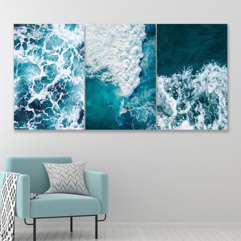 ماركتنا ثلاث لوحات قماشية مودرن بتصميم أمواج البحر مع برواز مجوف مقاس (90×40) ثلاث قطع - Image 1
