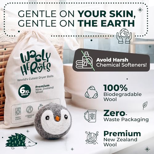 WOOLY HEROES No More Dryer Sheets! Reusable Wool Dryer Balls XL 6-Pack - Reduces Static, Cuts Dry Time, & Softens Naturally - Image 3