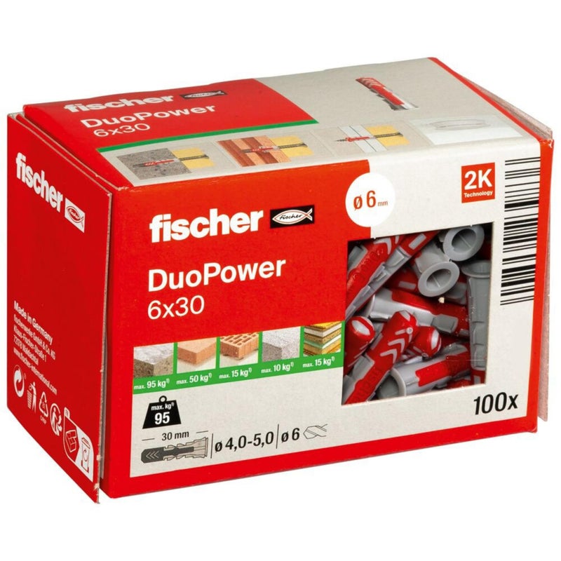 fischer 555006 DUOPOWER Wall Plug, Red/Grey, 6x30, Set of 100 Pieces - Image 1