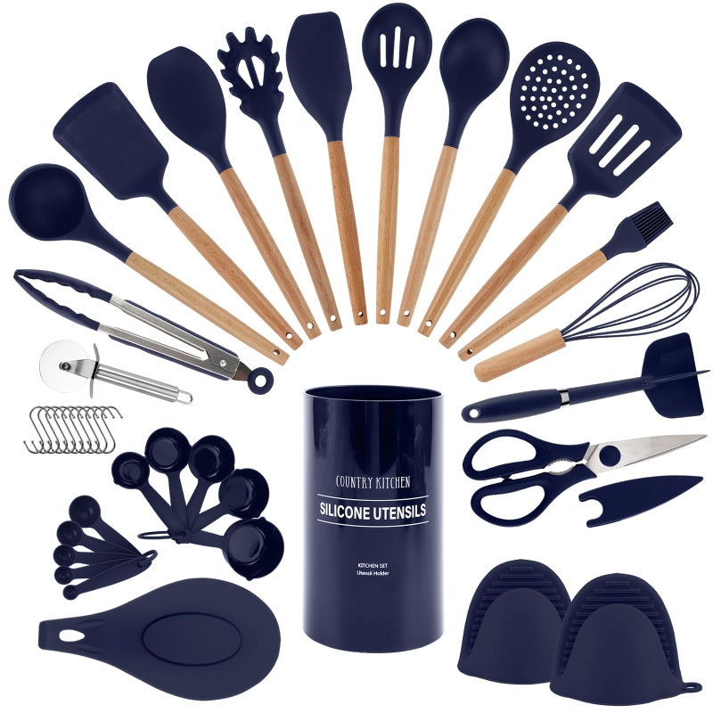Country Kitchen Non Stick Silicone Utensil Set with Rounded Wood Handles for Cooking and Baking, 38 Piece Set, Navy - Image 1