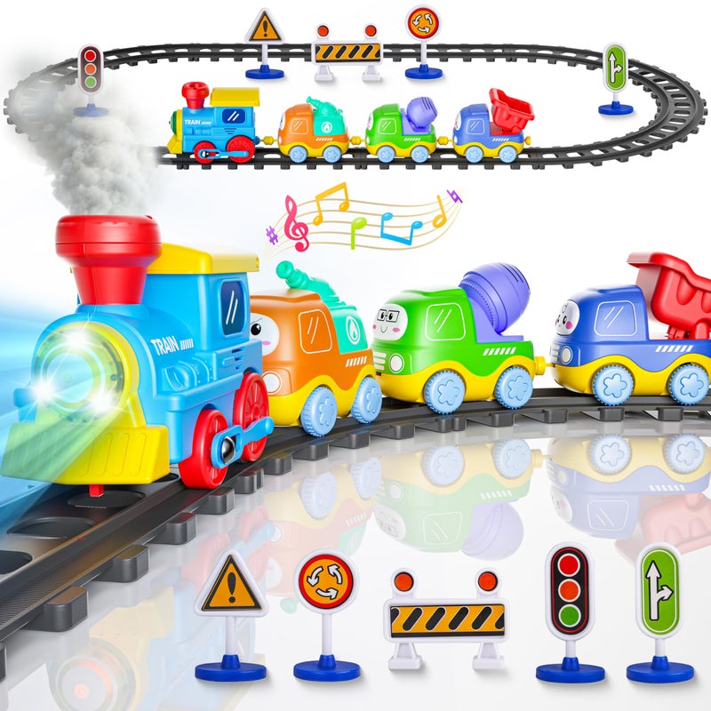 Funwee Steam Track Train Set for Toddlers Magnetic Connection Train Toys wLights Sounds Electric Cartoon Choo Choo Train Toy Train Christmas Birthday Gift for Toddlers 2 3 4 5 Boy Girl Blue - Image 3