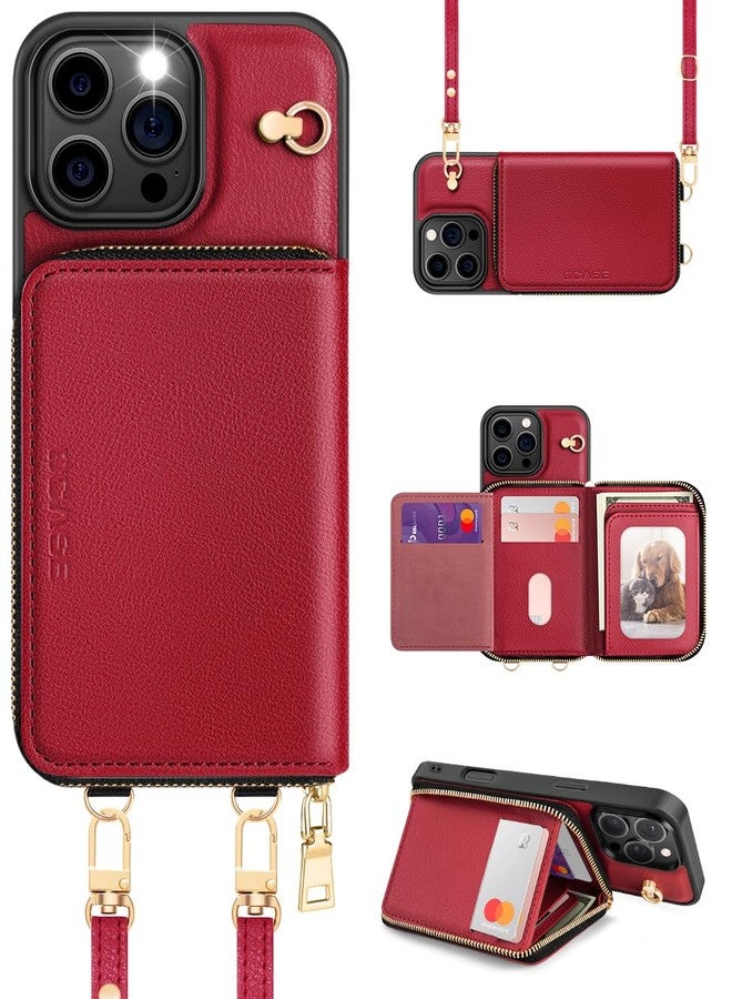 OCASE iPhone 16 Pro Max Wallet Case, Invisible Wallet with Zipper, 7 Card Slots, 2 Lanyard Strap, RFID Blocage, Leather Cases for iPhone 16 Pro Max - Dark Red - Image 1