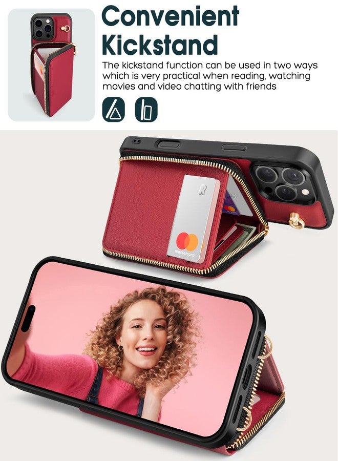 OCASE iPhone 16 Pro Max Wallet Case, Invisible Wallet with Zipper, 7 Card Slots, 2 Lanyard Strap, RFID Blocage, Leather Cases for iPhone 16 Pro Max - Dark Red - Image 5