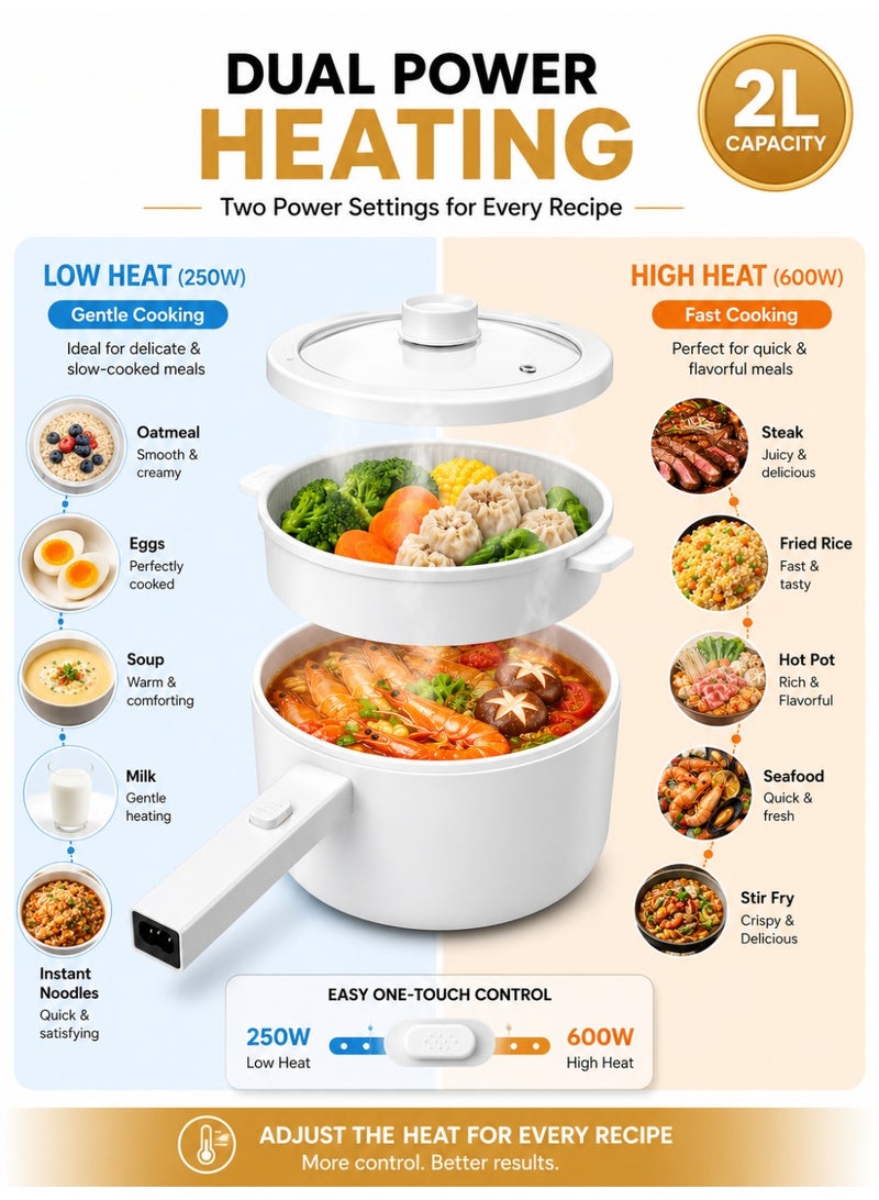 BT 2L Electric Mini Hot Pot with Steamer, Non-Stick Portable Electric Cooker, Dual Power Control (250W/600W), Overheat Protection, Adjustable Temperature for Noodles, Soup, Rice, Eggs, Dorm, Office & Travel - Image 3